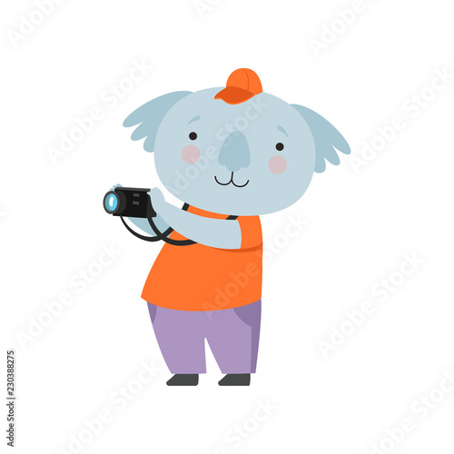 Cheerful tourist koala bear taking pictures with camera, cute animal cartoon character travelling on summer vacation vector Illustration on a white background