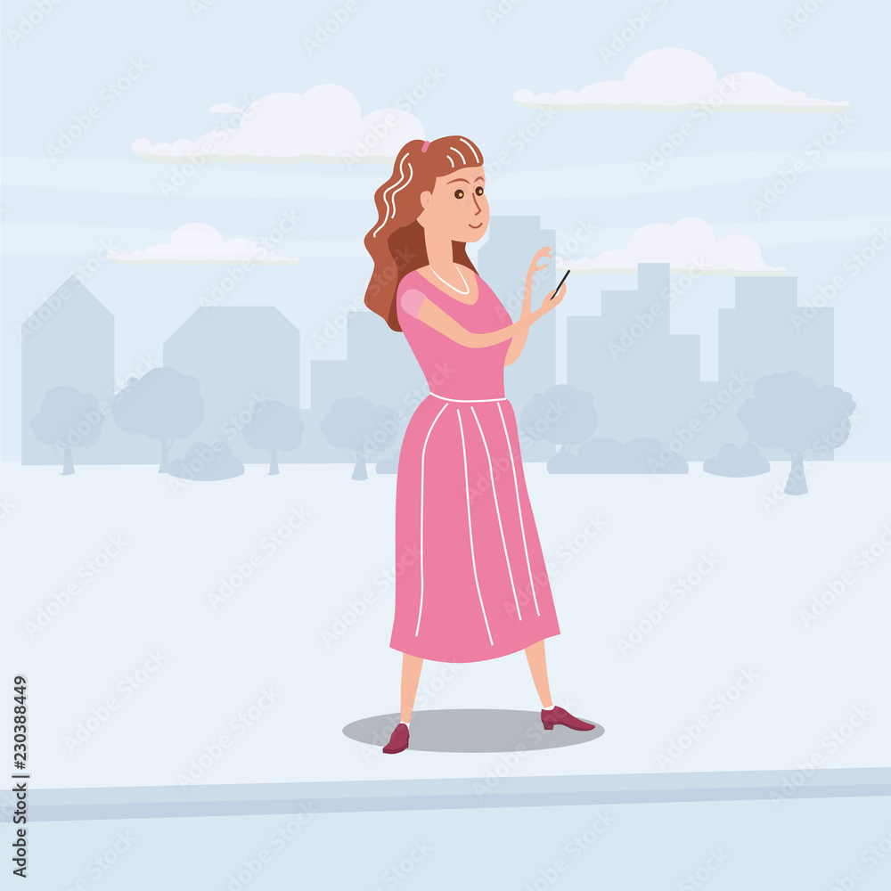 PrintGirl teenager looks in smartphone on the go, background city, vector, illustration, cartoon style, isolated PrintGirl teenager looks in smartphone on the go, background city, vector, illustration, cartoon style, isolated