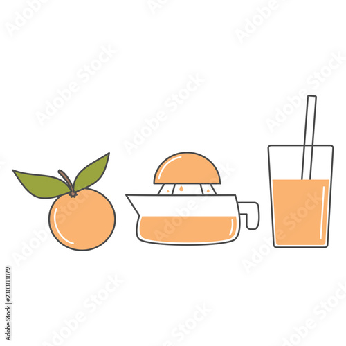 manual juice squeezer and orange vector set illustration isolated on white background