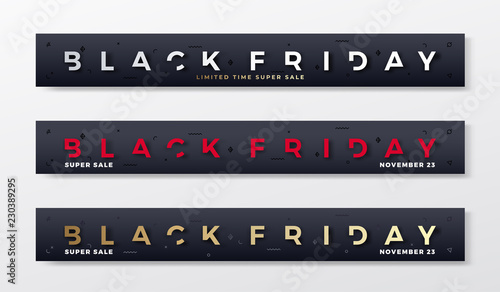 Black Friday Premium Banners or Headers Set. Reduced Typography Concepts with Abstract Decorative Elements, Realistic Shadows and Golden Gradient. Web ready proportions.