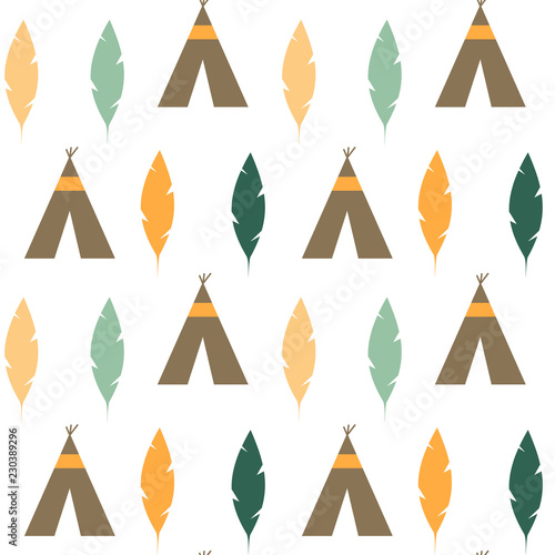 cute colorful feathers and teepee ethnic tribal seamless vector pattern background illustration