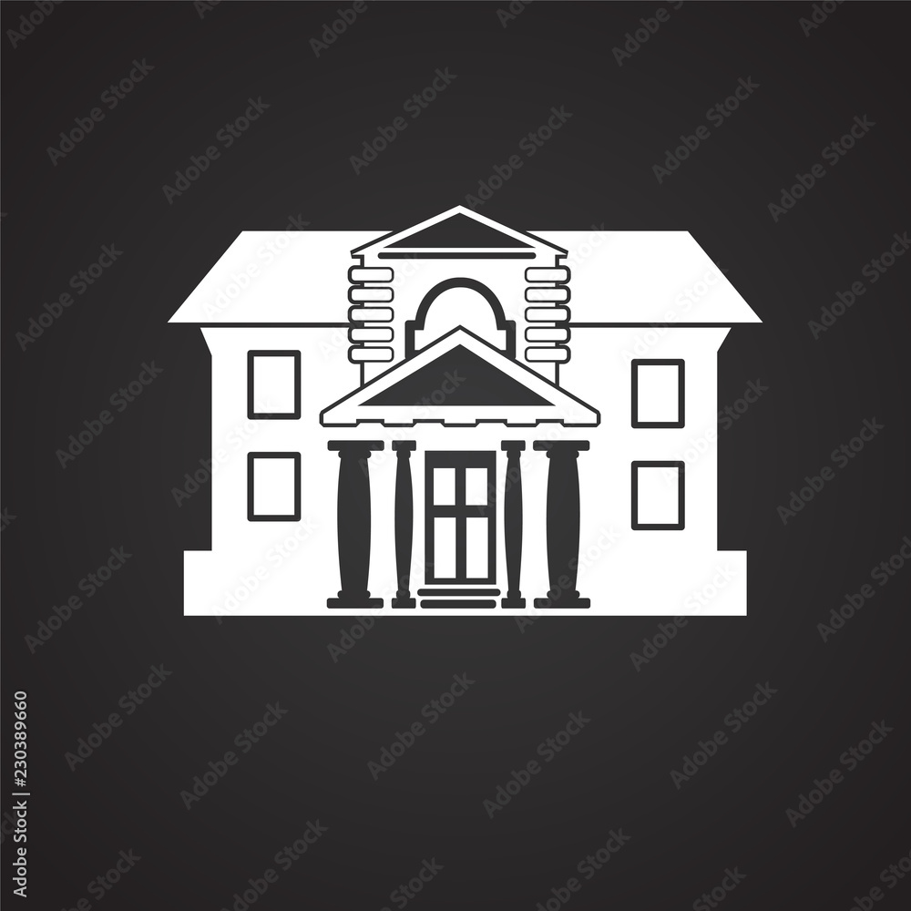 Old architecture house on black background icon Old architecture house on black background icon