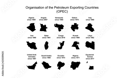 Fototapeta Naklejka Na Ścianę i Meble -  a set of contour silhouette maps of the OPEC countries with years of entry