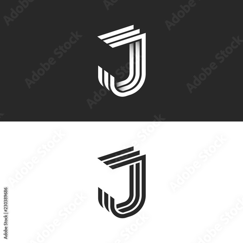 Logo J letter in isometric font initial monogram, black and white 3d geometric parallel lines shape with shadow gradient. Creative modern JJJ perspective emblem typography design element.