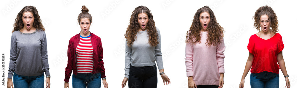 Collage of young brunette curly hair girl over isolated background afraid and shocked with surprise expression, fear and excited face. Collage of young brunette curly hair girl over isolated background afraid and shocked with surprise expression, fear and excited face.