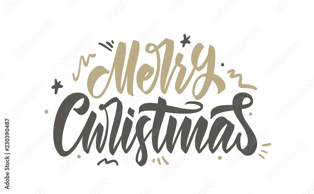 Vector illustration. Handwritten calligraphic brush lettering of Merry Christmas with golden doodles decoration Vector illustration. Handwritten calligraphic brush lettering of Merry Christmas with golden doodles decoration