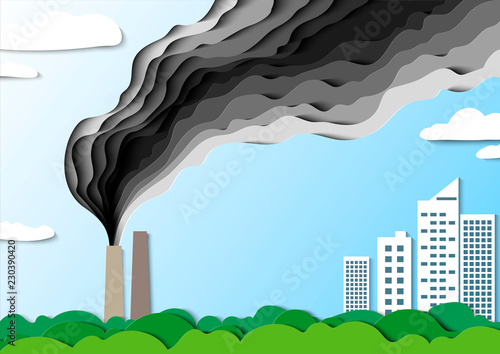 Smoke from the factory goes towards the city. Air pollution poisons. Save your home. Vector. Paper cut illustration.