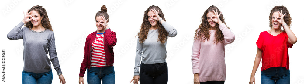 Collage of young brunette curly hair girl over isolated background doing ok gesture with hand smiling, eye looking through fingers with happy face.