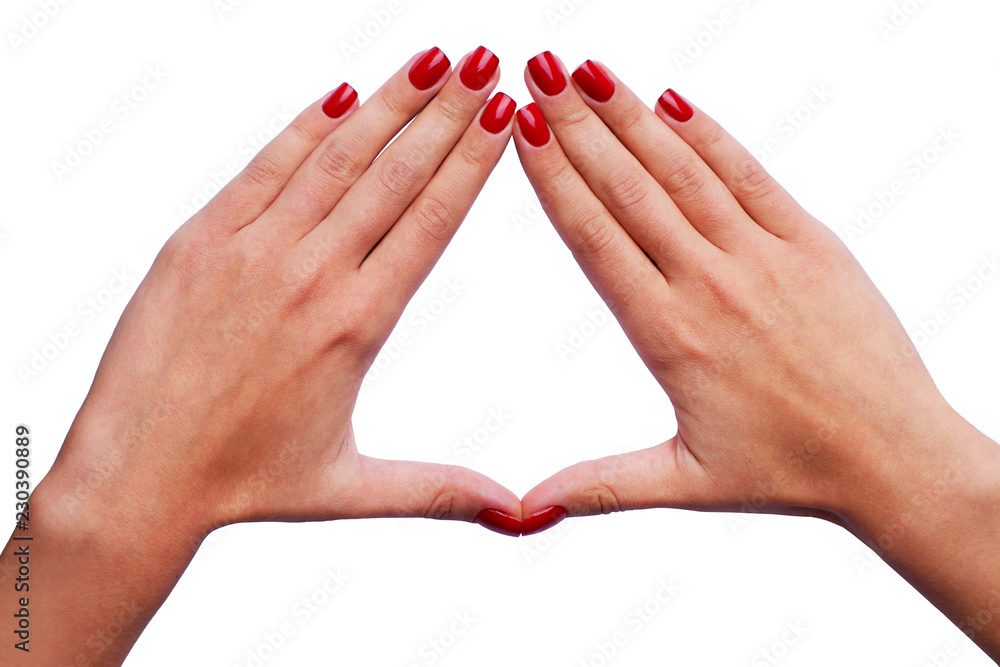 Isolated woman hands with red manicure on white. Isolated woman hands with red manicure on white.