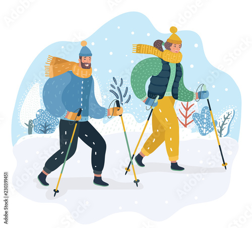 Happy couple practicing Nordic walking in the snow