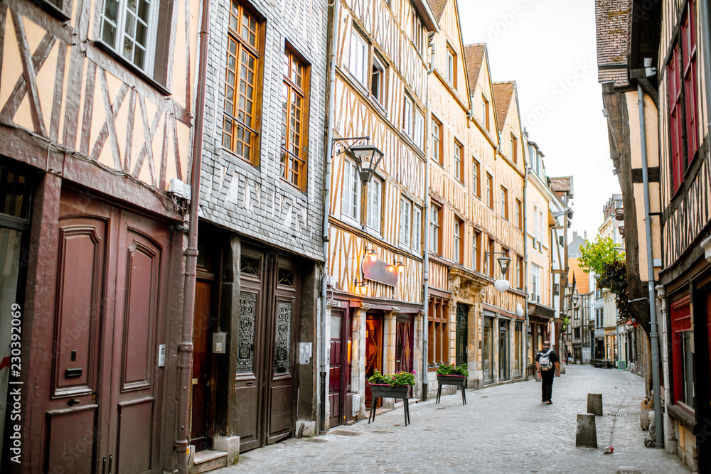 Ancient half-timbered houses on the street of the old town in Rouen city, the capital of Normandy region in France