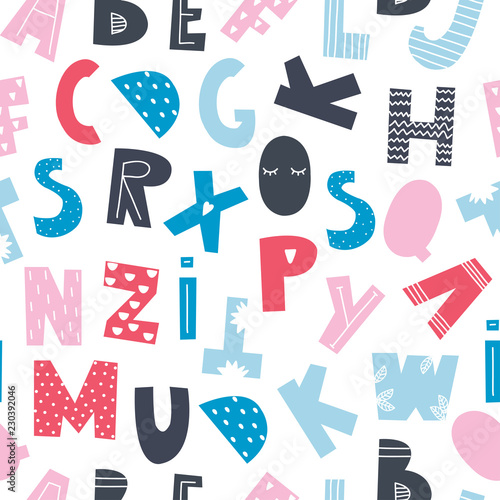 Scandinavian style alphabet. Colored vector seamless pattern