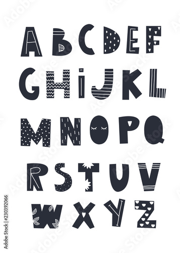 Scandinavian style alphabet. Hand drawn vector illustration. Every letter is isolated