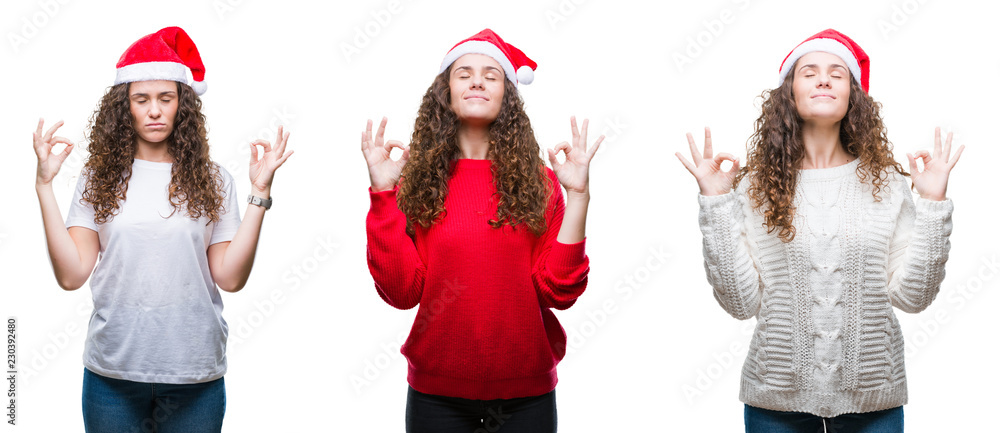 Collage of young brunette girl wearing christmas hat over isolated background relax and smiling with eyes closed doing meditation gesture with fingers. Yoga concept. Collage of young brunette girl wearing christmas hat over isolated background relax and smiling with eyes closed doing meditation gesture with fingers. Yoga concept.
