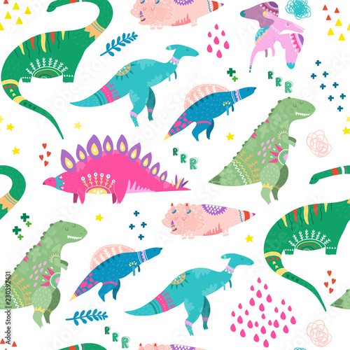 Hand drawn cute dinosaurs. Colored vector seamless pattern