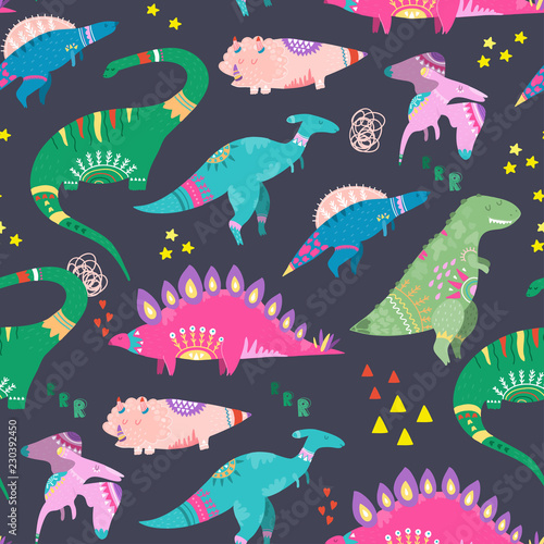 Hand drawn cute dinosaurs. Colored vector seamless pattern. Dark background