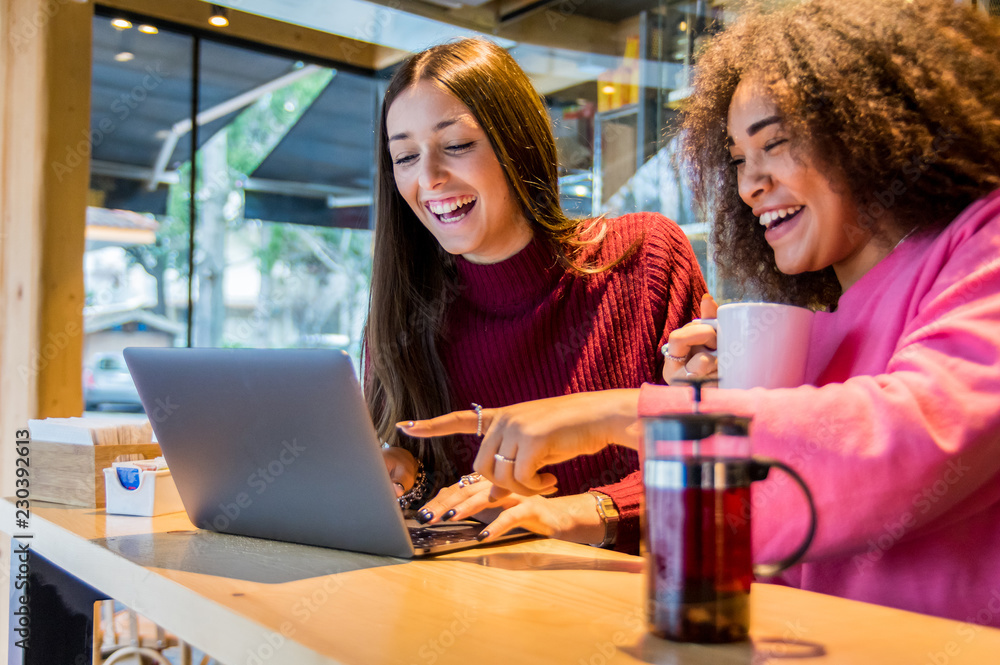 © Davide Angelini - Multiracial girls smiling using a laptop drinking coffee at the bar © Davide Angelini - Multiracial girls smiling using a laptop drinking coffee at the bar