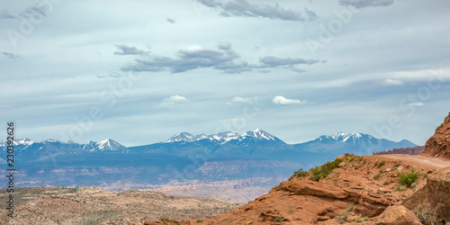 Snow capped La Sal Mountain seen from Moab Utah