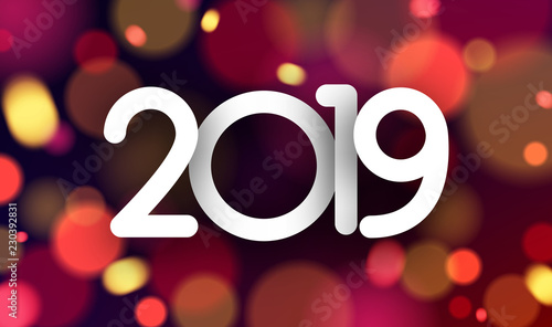 Bright blurred 2019 New Year card with color lights.