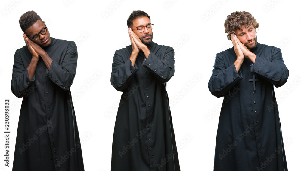 Collage of christian priest men over isolated background sleeping tired dreaming and posing with hands together while smiling with closed eyes. Collage of christian priest men over isolated background sleeping tired dreaming and posing with hands together while smiling with closed eyes.