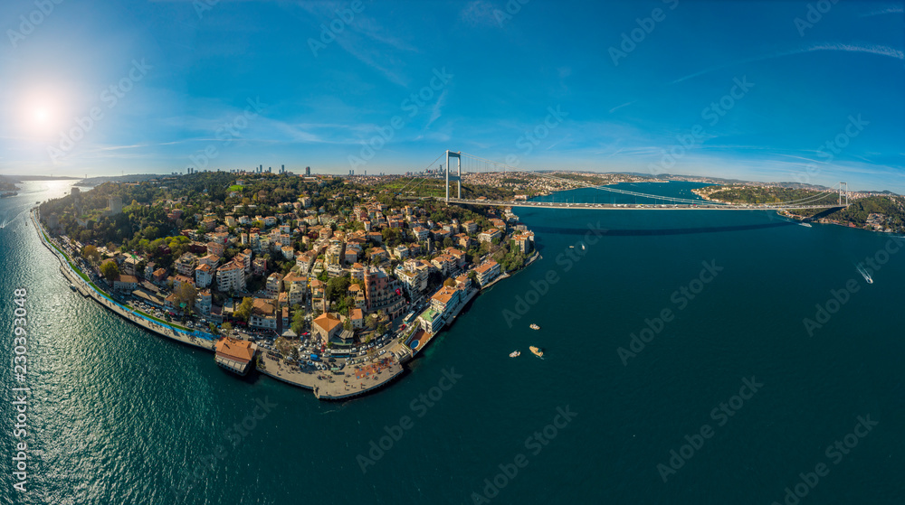 Naklejka premium Ultra wide panoramic aerial view of Fatih Sultan Mehmet Bridge and European side of Istanbul