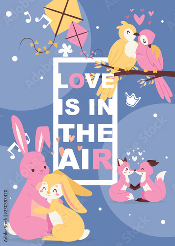 Poster with cute animals in love, cartoon chracters rabbits, foxes and birds. Baby birthday invitation zoo card vector illustration. photo