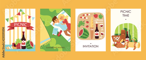 Outdoor picnoc time invitation cards vector ilustration. Food, bootle of wine, watermalon, bread, tomatoes. Lovely couple has rest. Picnic accessories. Summertime waiting.