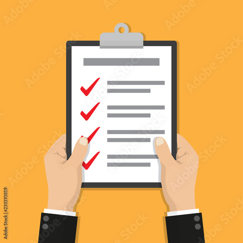 Businessman hands holding clipboard checklist in a flat design