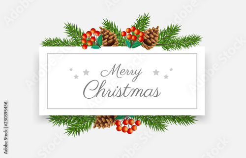 Horizontal banner frame for Christmas with green pine branch, red berry, pine cone and green leaf. Vector illustration for Christmas, or winter holiday celebration