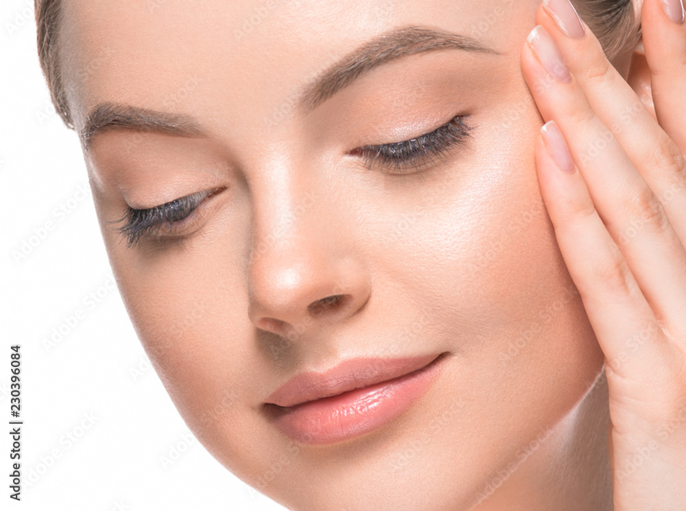 Beauty healthy skin closeup face woman natural makeup eyes and lips