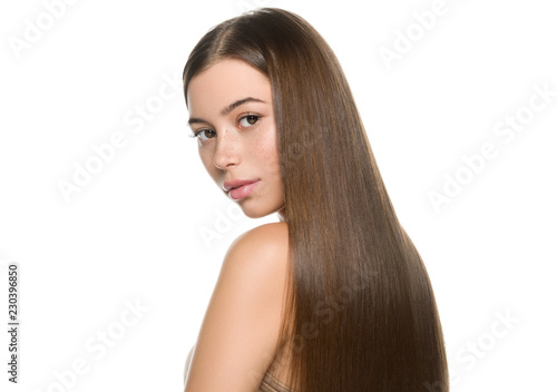 Healthy hair brunette long woman hairstyle isolated on white