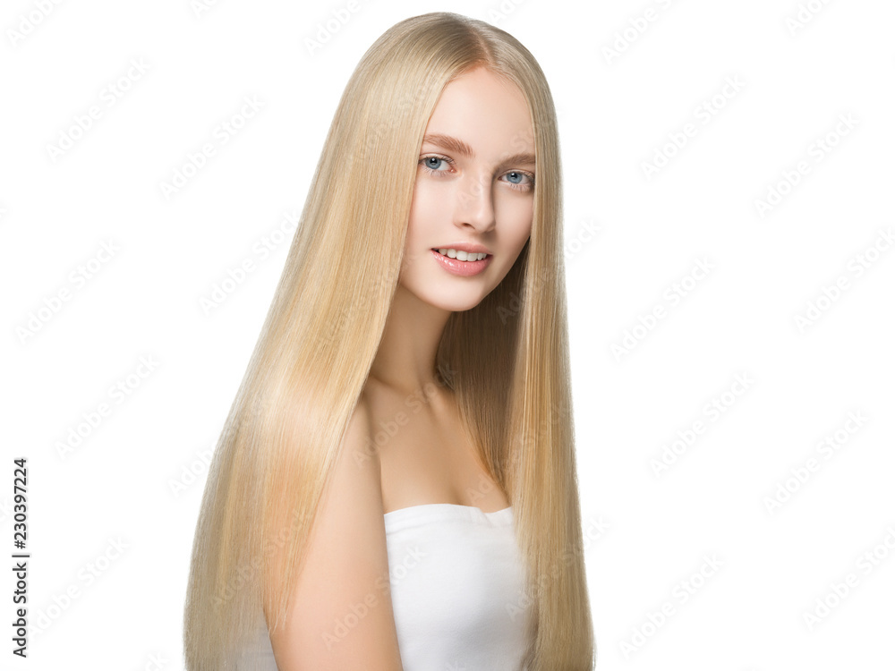 Blonde long hair woman with healthy long hairstyle beauty isolated on white Blonde long hair woman with healthy long hairstyle beauty isolated on white