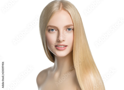 Blonde long hair woman with healthy long hairstyle beauty isolated on white
