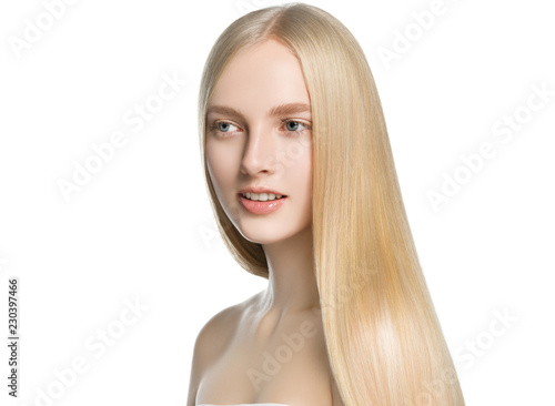 Blonde long hair woman with healthy long hairstyle beauty isolated on white