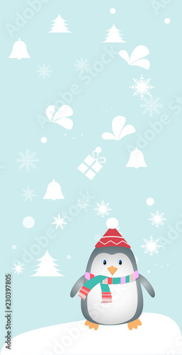 Merry christmas and a happy new year. Lovely postcard with a penguin in a hat. © Сергей Черепанов
