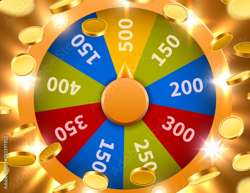 Wheel Of Fortune with falling coins. Gamble chance leisure. Colorful gambling wheel. Jackpot prize concept background. Vector Illustration