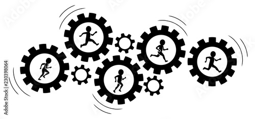 Zusammenarbeit / Teamwork: Eine Gruppe schwarz-weißer Figuren läuft in drehenden Zahnrädern / Flat Design / Vektor / Icon 