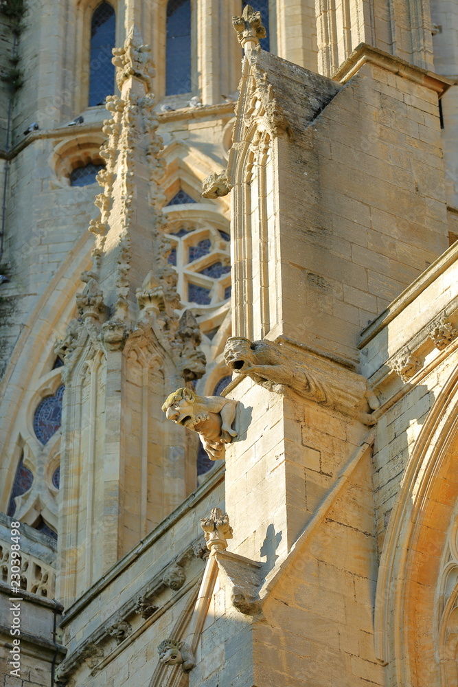 Close-up on gargoyles and spires on the Cathedral of Ely in Cambridgeshire, Norfolk, UK