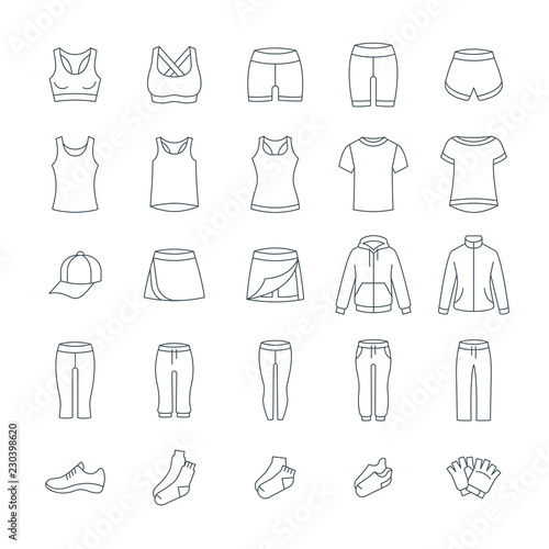 Women casual clothes for fitness training. Basic garments for gym workout. Vector thin line icons. Outline outfit for active girl. Linear sport style shirts, pants, jackets, tops, shorts, skirt, shoes