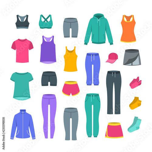 Women casual clothes for fitness training. Basic garments for gym workout. Vector flat illustration. Outfit for active modern girl. Sport style shirts, pants, jackets, tops, shorts, skirt and socks