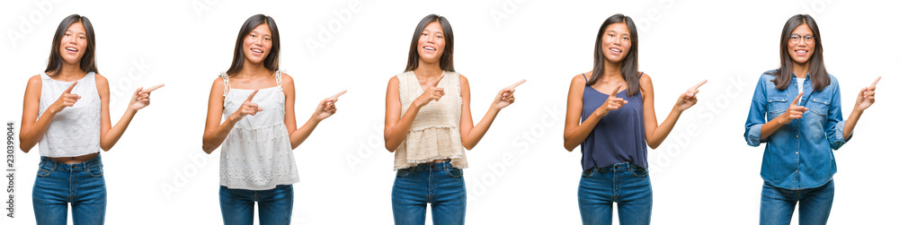 Collage of asian young woman standing over white isolated background smiling and looking at the camera pointing with two hands and fingers to the side. Collage of asian young woman standing over white isolated background smiling and looking at the camera pointing with two hands and fingers to the side.