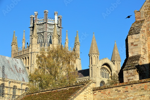 Close-up on turrets, spires and the Octagon of the Cathedral of Ely in Cambridgeshire, Norfolk, UK, with medieval roofs in the foreground  photo