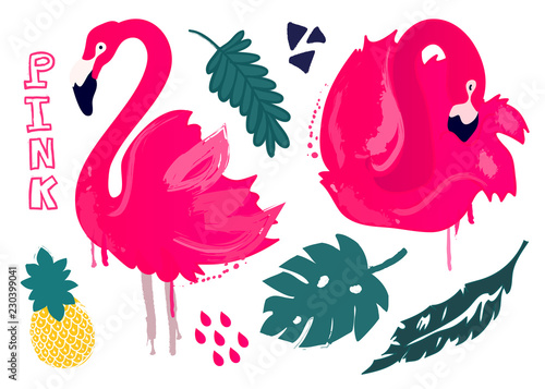 Pink flamingo  leaves and pineapple. Hand drawn vector set. All elements are isolated