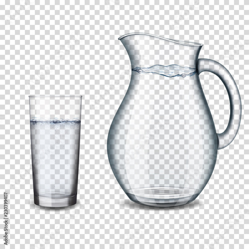realistic transparent glass and jug with water isolated photo