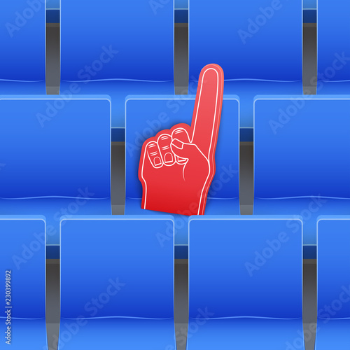 Background of blue plastic stadium seats and fan foam finger. The concept of the fan zone and the sale of tickets for the match. Sport arena and stadium. Vector illustration