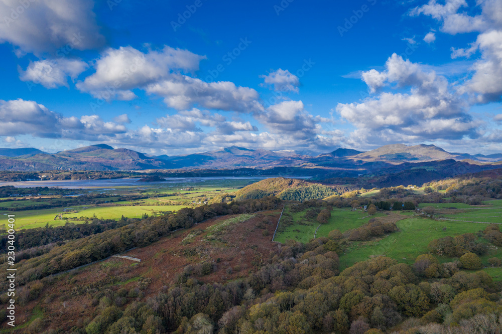 Overhead aerial view of countryside and mountains in North Wales