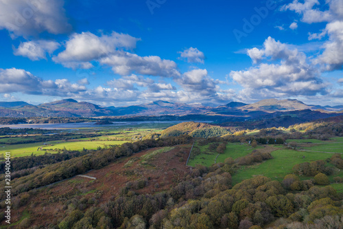 Overhead aerial view of countryside and mountains in North Wales © ink drop