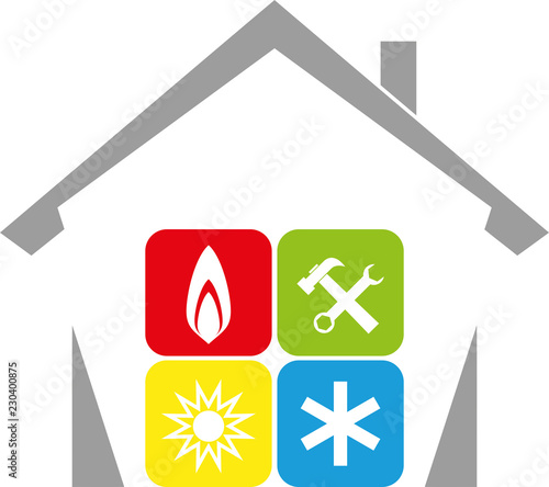 Haus, Sonne, Schnee und Flame, Installateur Logo, Icon