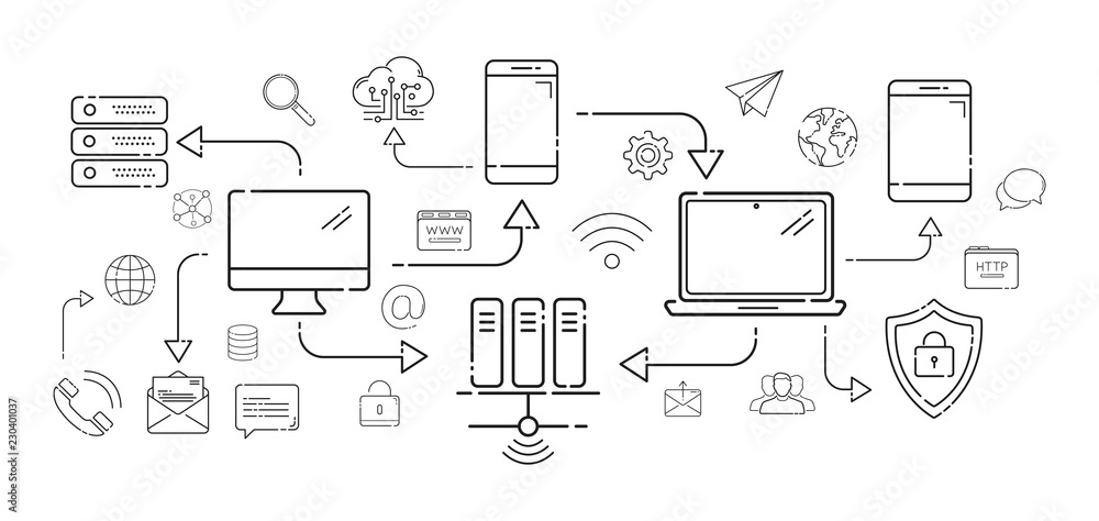 Multimedia tech devices and icons thin line connection on white background Multimedia tech devices and icons thin line connection on white background