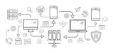 Multimedia tech devices and icons thin line connection on white background